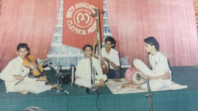 Palghat Ramprasad at his debut concert at YACM (15th August 1988) with Shri S. Varadharajan on the violin and Shri Raja on the mridangam